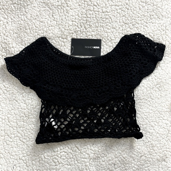 Fashion Nova Crochet Gypsy Hippie Top Off Shoulder Ruffle S/M Open Knit Festival - Picture 8 of 12